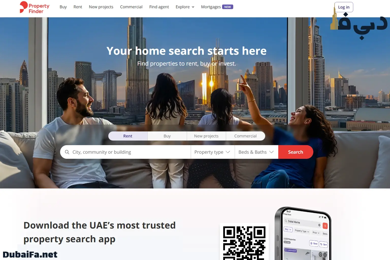 صفحه خانه وب سایت Property Finder